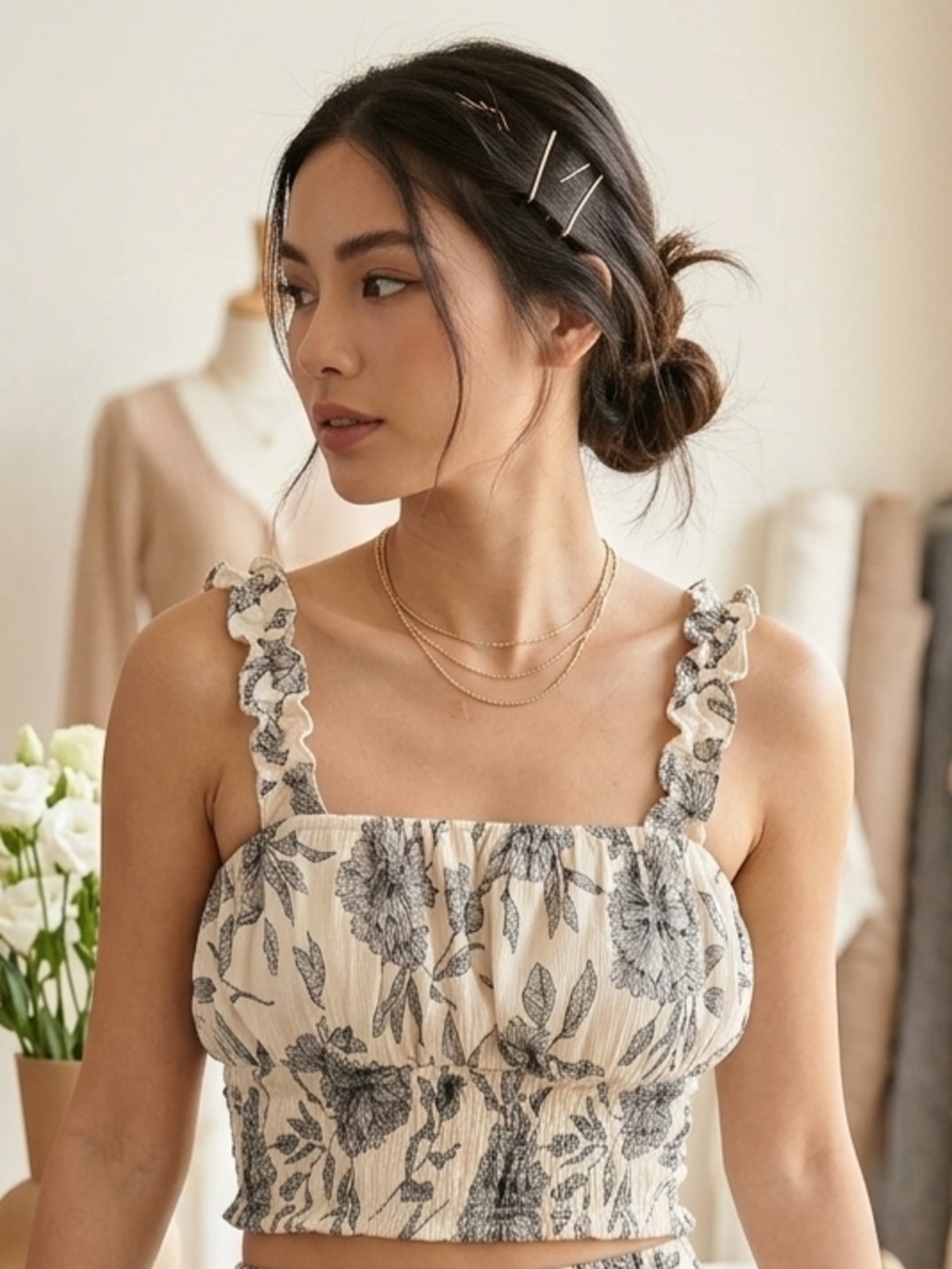 Abercrombie & Fitch Cream Floral Smocked Ruffle Strap Crop Top